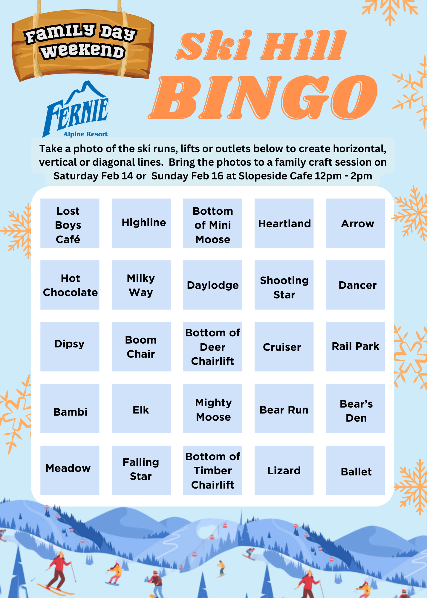2026 Family Day Ski Hill Bingo Card